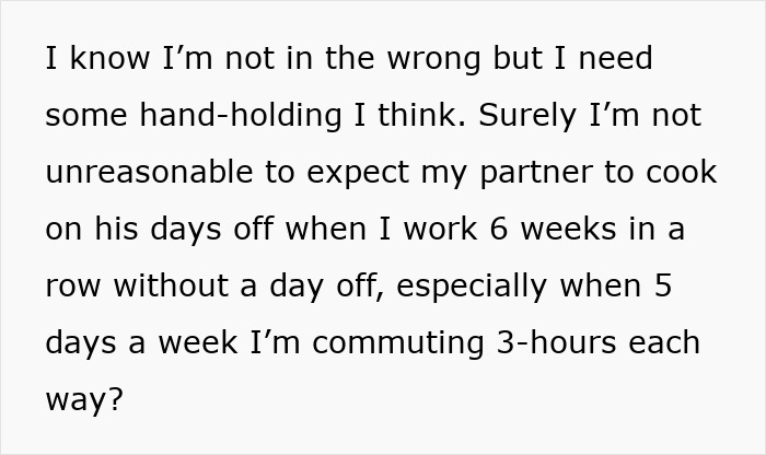 Text about a woman questioning her relationship, mentioning long work hours and lack of partner support at home.