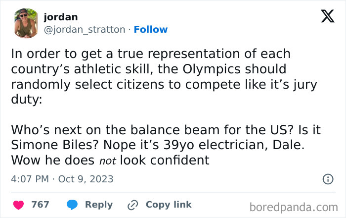 Tweet meme about Olympics with a humorous take on random citizens like a 39-year-old electrician, highlighting relatable millennial humor.