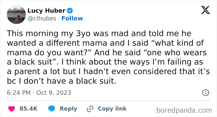 A parent shares an awkward conversation with their child about wanting a mom in a black suit.