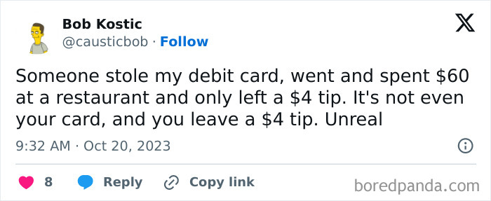 Text post about a debit card theft with a surprising $4 tip, showcasing random memes.