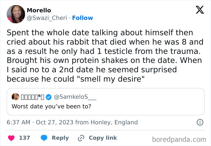 Tweet about awkward date moments, discussing a self-centered date and odd conversation topics.