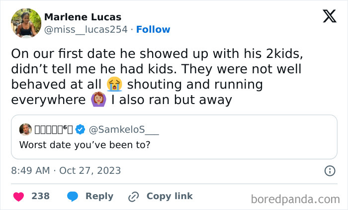 Tweet about awkward date moments with kids running and shouting during a first date, user expressing frustration.