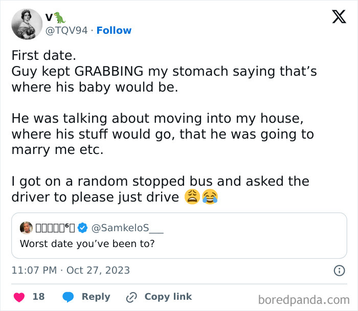 Tweet sharing an awkward date moment about a person escaping an uncomfortable situation on a first date.