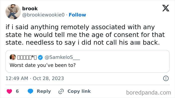 Awkward date moment shared in a tweet about a conversation focused on states' consent ages, leading to no callback.