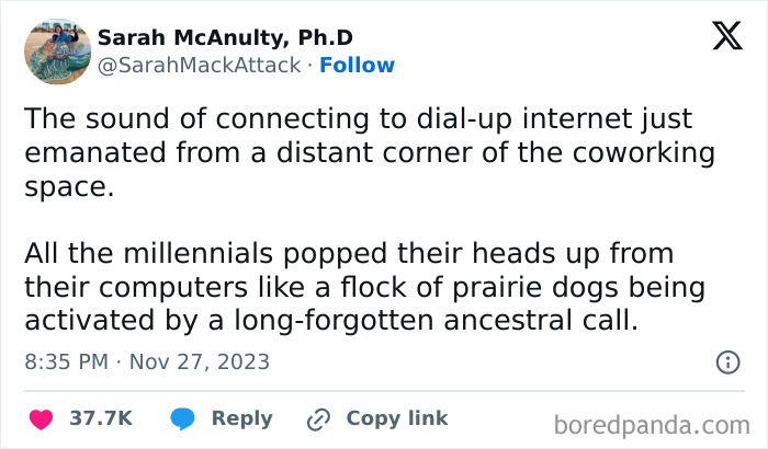 Tweet about millennials reacting to the nostalgic sound of dial-up internet in a coworking space.