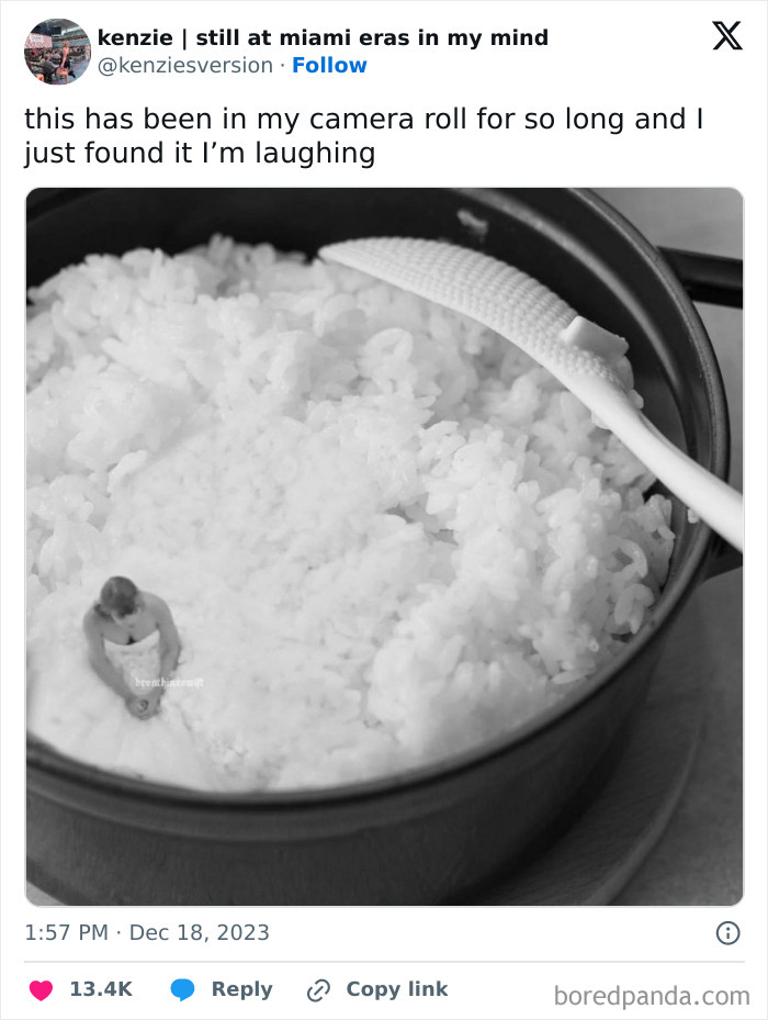 Man photoshopped sitting in a pot of rice, resembling a hot tub. Funny Camera Roll Finds.