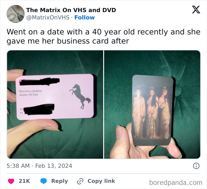 A business card with a unicorn logo, shared after an awkward date moment.