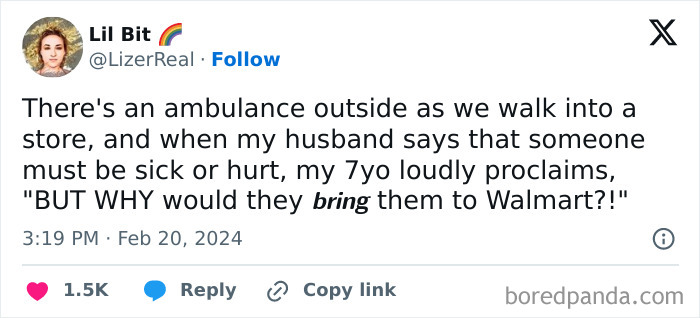 A tweet about a child's humorous remark regarding an ambulance outside Walmart, featuring clueless kids.