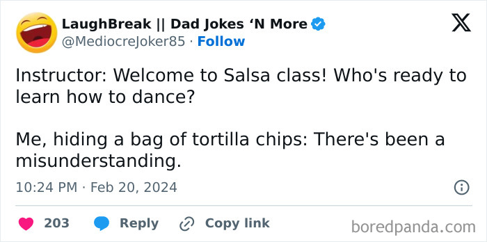 Twitter meme for tired millennials about misunderstanding salsa class for tortilla chips.