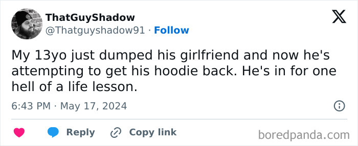 Humorous tweet about a 13-year-old's breakup and hoodie retrieval, showcasing funny mom humor.