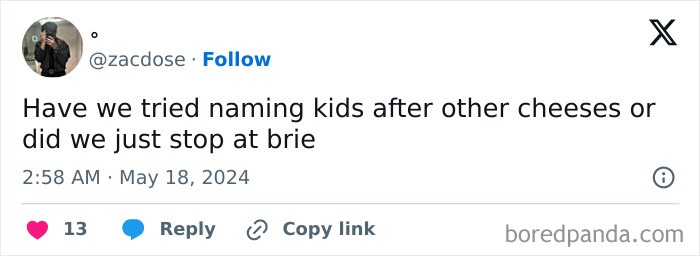 Tweet humorously questions naming kids after cheeses; perfect for relatable millennial memes about everyday life.