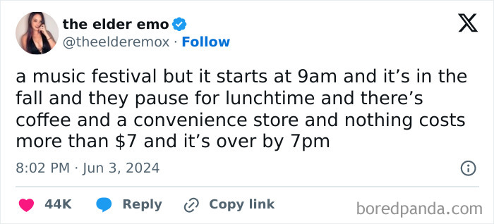Tweet about a dream music festival with early start, affordable food, and coffee, relatable to tired millennials.