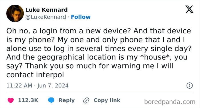 A tweet showcasing a hilariously relatable meme about login alerts, highlighting millennial frustrations with technology.