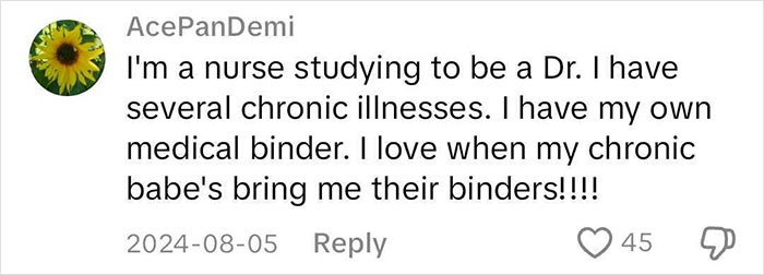 Comment from a nurse discussing a medical binder and chronic illnesses. Comment from a nurse discussing a medical binder and chronic illnesses.