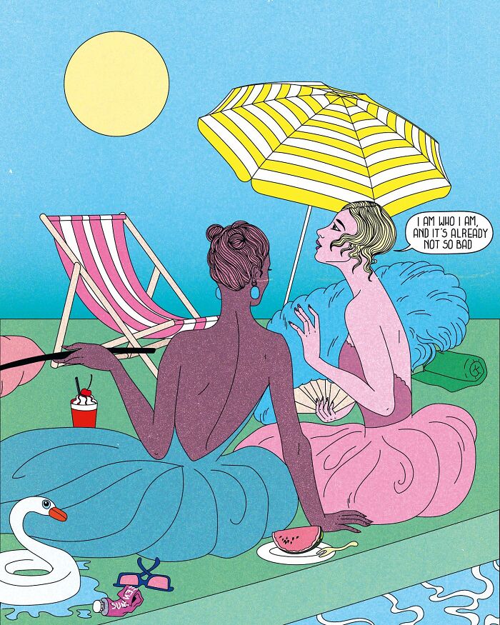 Two women in vibrant dresses under an umbrella, sharing a humorous and sarcastic conversation.