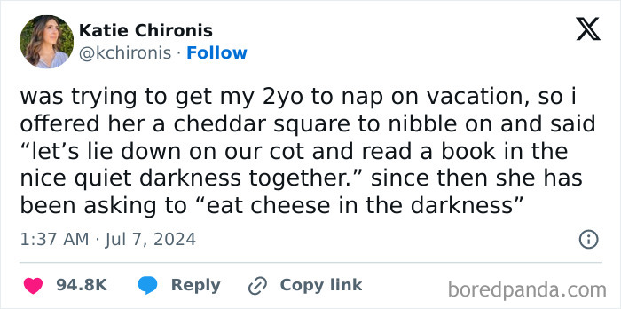 Tweet about a relatable millennial parenting moment with a toddler asking to "eat cheese in the darkness."