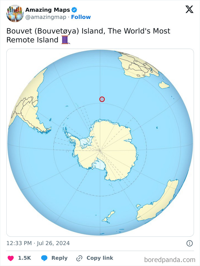 Map highlighting Bouvet Island, showing its remote location in the Southern Ocean, emphasizing change in perspective.