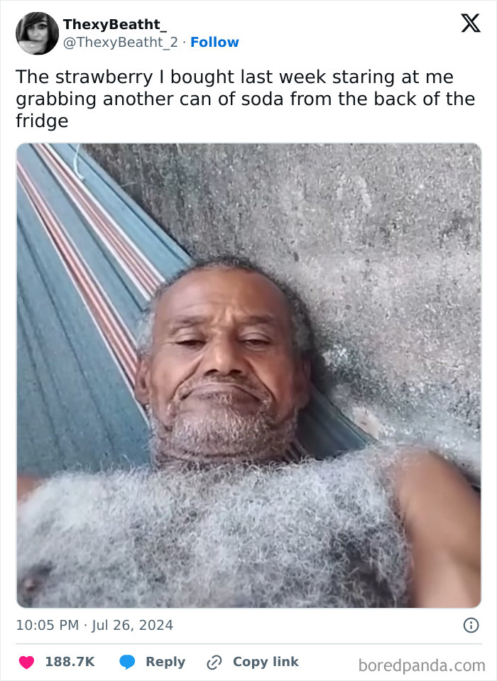 Man lying in a hammock, resembling a strawberry, with humorous meme text overlay.