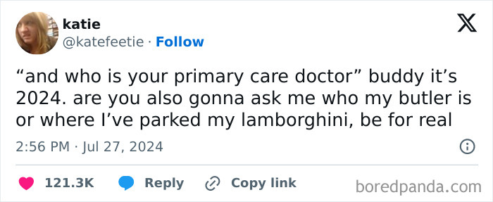 Funny meme about a primary care doctor in 2024, jokingly asking about a butler and Lamborghini parking.