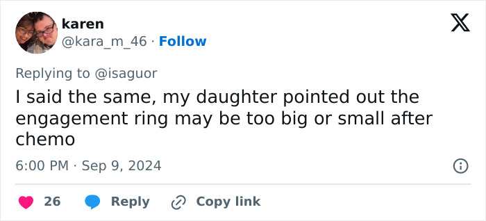 Tweet discussing Kate Middleton's engagement ring size after chemo.