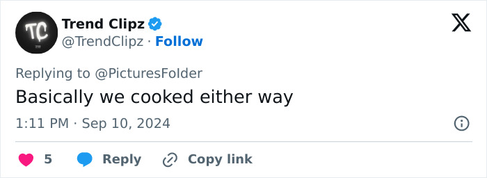 Tweet reply by Trend Clipz reading "Basically we cooked either way," related to twins study on divorce and diet impact.