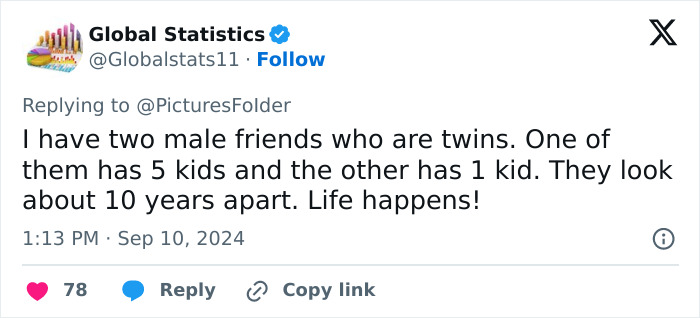Tweet discussing twins with different family lives and age appearances, highlighting impact of lifestyle on aging.