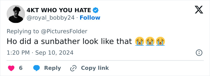 Tweet response with emojis questioning a sunbather's appearance related to the study on divorce and diet impact on the face.