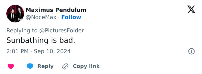 Tweet screenshot by Maximus Pendulum commenting on sunbathing.