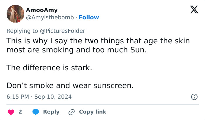 Tweet discussing skin aging, comparing smoking and sun exposure effects on the face.