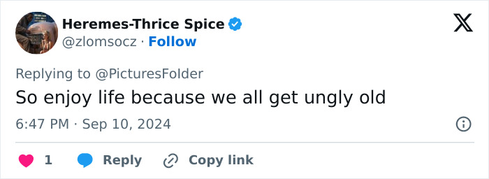 Tweet by Heremes-Thrice Spice about aging, commenting on life and appearance, dated September 10, 2024.