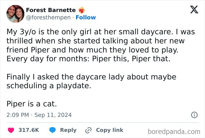 Tweet screenshot about a child's imaginary friend, featuring a humorous twist involving a cat; dumb-clueless-kids concept.