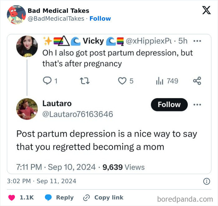 Social media exchange on postpartum depression, example of 2024 dumbest posts.