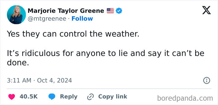 Tweet claiming control over weather, illustrating 2024 dumbest posts trend.