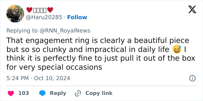 Tweet about the engagement ring's impracticality in daily life, with emoji reactions and engagement metrics displayed.