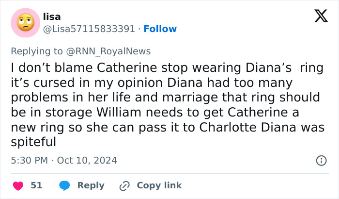 Tweet discussing Kate Middleton's engagement ring cursed theories and suggestions for a new ring from William.