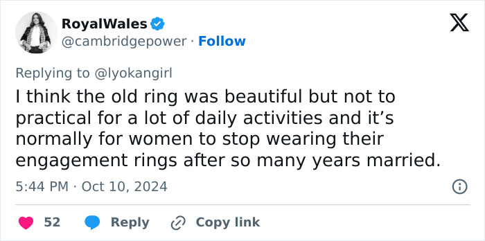 Tweet discussing Kate Middleton's engagement ring and practicality in daily activities.