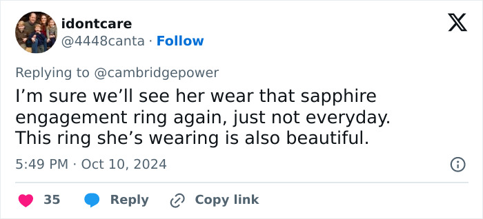 Tweet discussing Kate Middleton's sapphire engagement ring and its beauty.