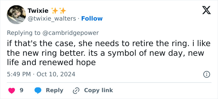 Tweet discussing Kate Middleton's engagement ring, suggesting it should be retired in favor of a new symbol of hope.