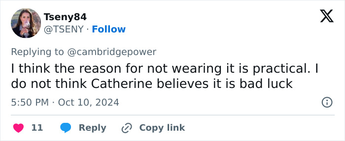 Tweet discussing Kate Middleton's engagement ring mystery, suggesting practical reasons for not wearing it.