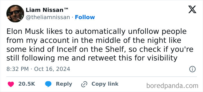 Tweet humorously complaining about automatic unfollows by Elon Musk, referencing "Incel on the Shelf."