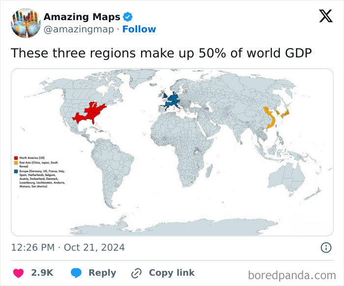 World map highlighting regions that constitute 50% of global GDP, illustrating maps that change perspective.