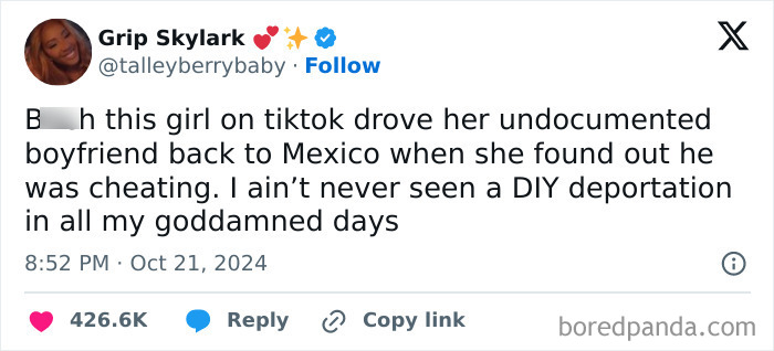 Tweet with a bizarre brand new sentence about a woman's unconventional response to cheating.