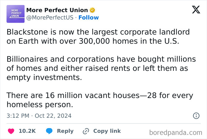 Blackstone is largest corporate landlord worldwide, owning over 300,000 U.S. homes; highlights a boring dystopia scenario.