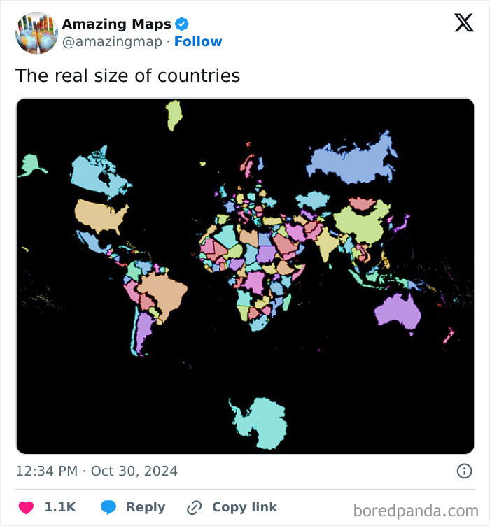 Colorful map showing the true size of countries, emphasizing perspective changes.