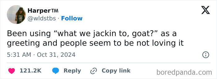 Screenshot of a tweet with a funny greeting, reflecting random memes' humor.