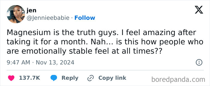 Tweet about magnesium's benefits, humorously questioning emotional stability.