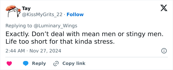 Tweet about avoiding mean men, highlighting life stress and red flags in relationships. Tweet about avoiding mean men, highlighting life stress and red flags in relationships.