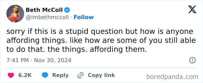 Funny post by a woman questioning how people afford things, with reactions and engagement on social media.