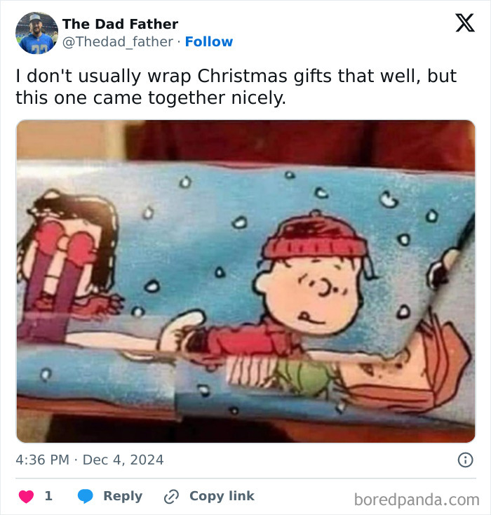 Poorly wrapped Christmas gift with cartoon characters, illustrating the humorous struggles of a dad.