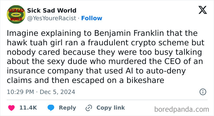 Bizarre new sentence about explaining a crypto scheme, a m****r, AI insurance, and a bikeshare escape to Benjamin Franklin.